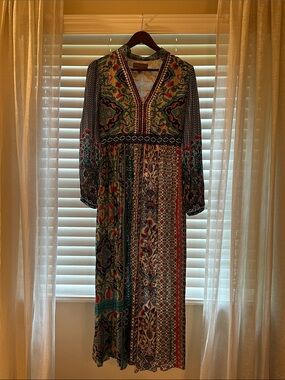 Anthropologie Boho Floral Patchwork Maxi Dress in Green, Red, Blue